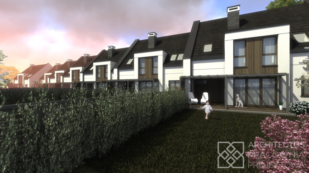 Wizualizacja szeregu nowoczesnych domów jednorodzinnych z płaskimi dachami, widok z poziomu ogrodu, z dzieckiem i psem rasy dalmatyńczyk na tarasie.