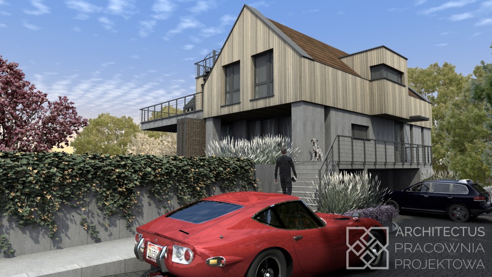 Wizualizacja nowoczesnego domu z drewnianą elewacją, czerwonym sportowym samochodem na pierwszym planie i psem rasy dalmatyńczyk siedzącym na schodach wejściowych.