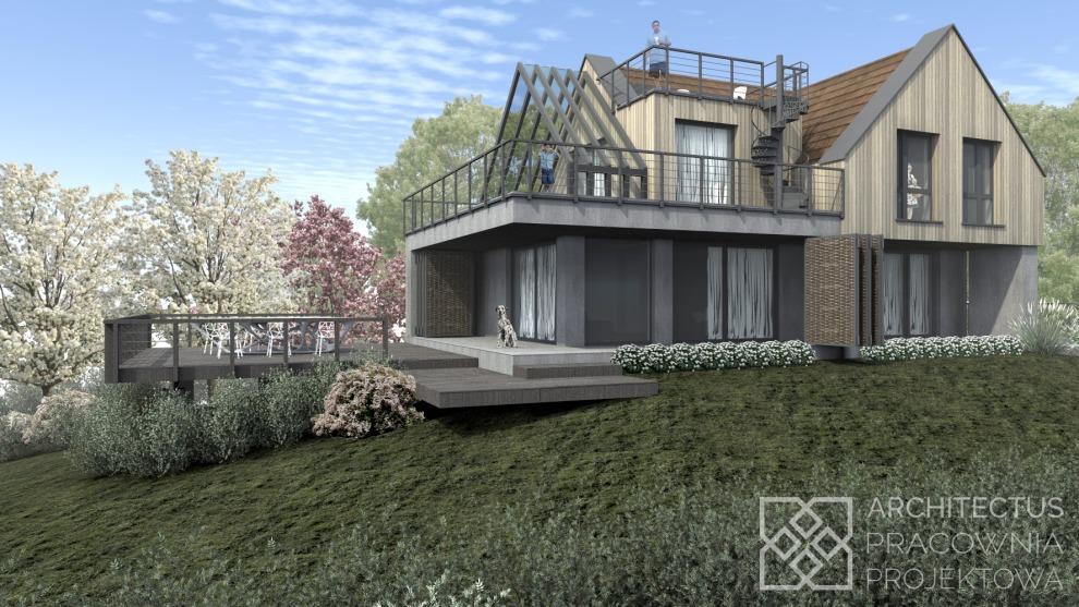 Wizualizacja dwukondygnacyjnego domu z drewna i betonu z płaskim dachem, spiralnymi schodami, tarasami, ogrodem i psem dalmatyńczykiem przed wejściem.