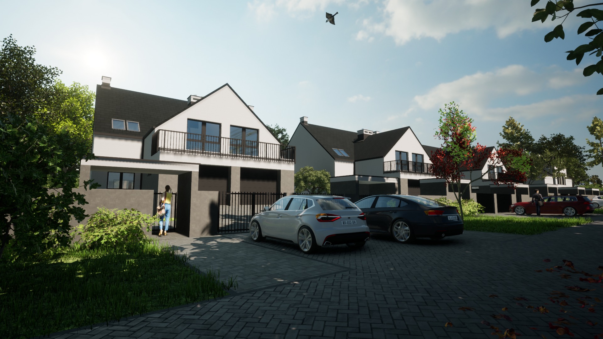 Wizualizacja szeregu nowoczesnych domów jednorodzinnych z płaskimi dachami, z zaparkowanymi samochodami i osobą wchodzącą do jednego z budynków, z widocznym ptakiem na niebie.