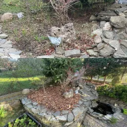 Dwa ujęcia ogrodu: górne przed rozpoczęciem prac, z dekoracyjnym ptakiem obok porowatego kamienia; dolne po częściowej aranżacji, z obrzeżem z kamienia łupanego, korą i małym oczkiem wodnym.