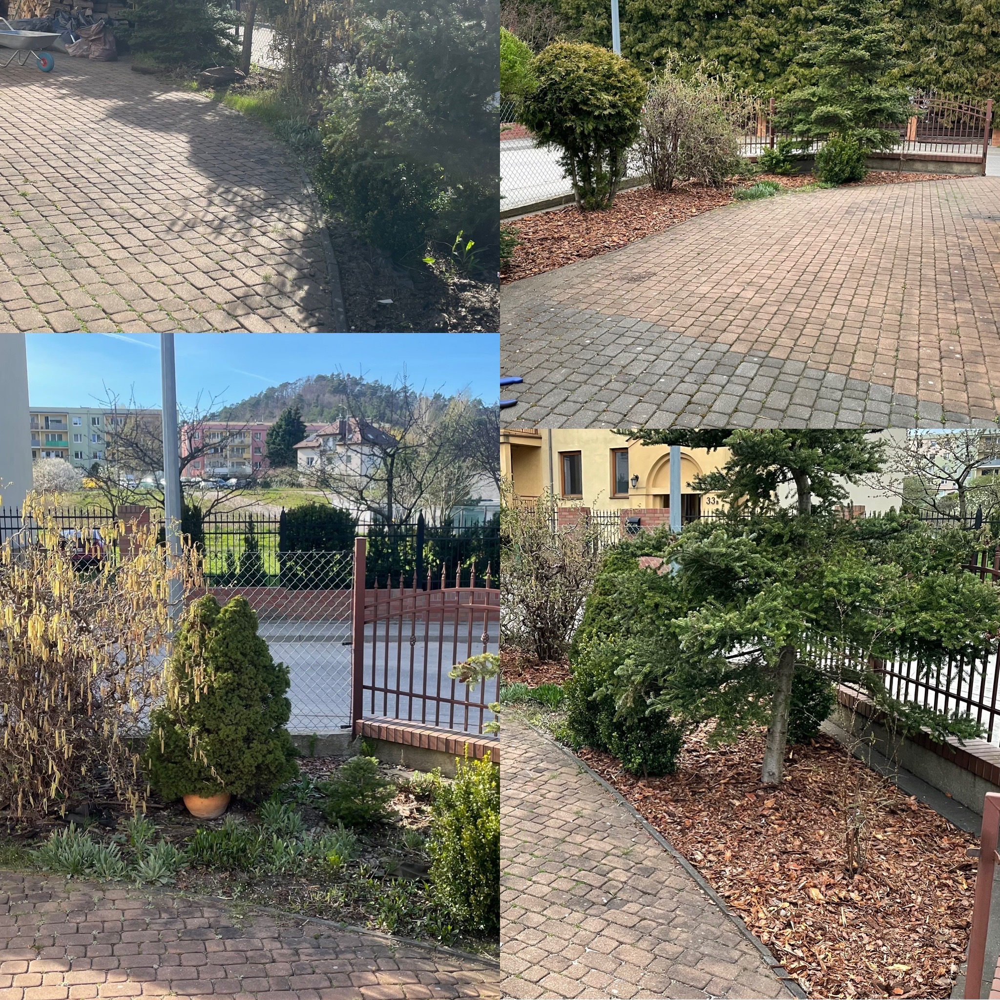 Kompozycja czterech ujęć ogrodu: zaniedbana rabata z chwastami, świeżo wysypana kora wokół iglaków, widok na budynki i górę zza ogrodzenia, zagospodarowany teren z tujami i roślinami ozdobnymi...