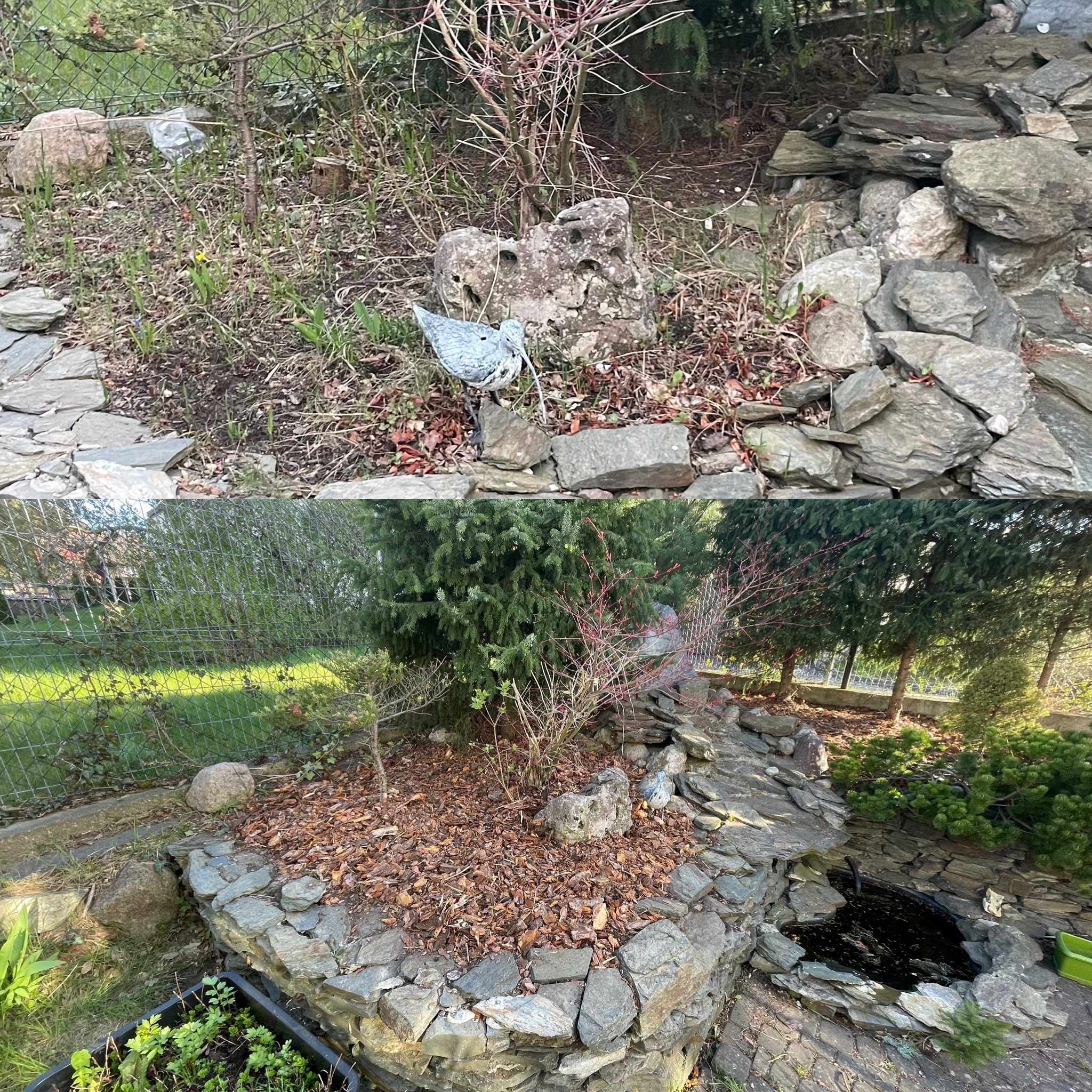 Dwa ujęcia ogrodu: górne przed rozpoczęciem prac, z dekoracyjnym ptakiem obok porowatego kamienia; dolne po częściowej aranżacji, z obrzeżem z kamienia łupanego, korą i małym oczkiem wodnym.
