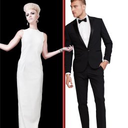 Studio Harmonia - Kolaż prezentujący usługi fryzjerskie dla kobiet i barbera dla mężczyzn na kontrastowym czarno-białym tle z czerwonym paskiem rozdzielającym.