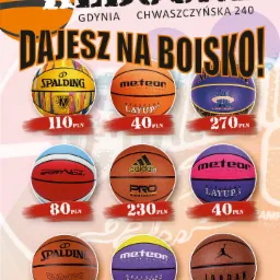 Plakat reklamowy sklepu sportowego z piłkami do koszykówki różnych marek i modeli, każda z ceną w PLN.
