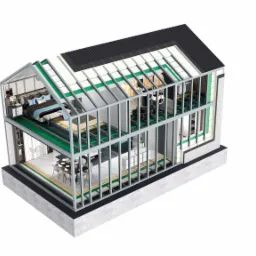 Przekrój 3D dwukondygnacyjnego domu szkieletowego z widocznym umeblowaniem: sypialnia z łóżkiem i stolikiem nocnym na górze, jadalnia z stołem i krzesłami na dole, oraz elementy konstrukcyjne ścian...