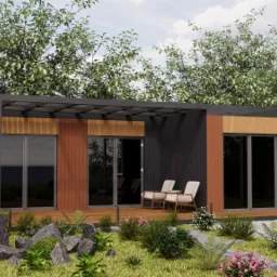 Wizualizacja nowoczesnego domu modułowego z drewnianą elewacją, tarasem i miejscem parkingowym, otoczonego zielenią.