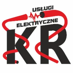 Logo firmy świadczącej usługi elektryczne, z czarnymi literami 'KR' owiniętymi czerwonym kablem elektrycznym i napisem 'Usługi Elektryczne' u góry.