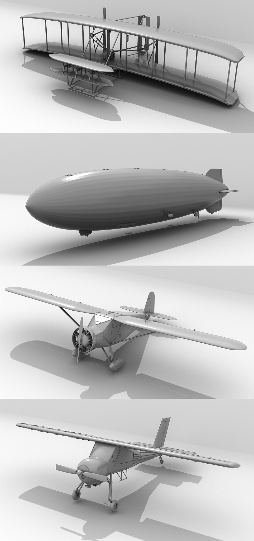 Cztery modele 3D: replika samolotu braci Wright, sterowiec, samolot jednosilnikowy i awionetka, wszystkie w szarościach i na białym tle.