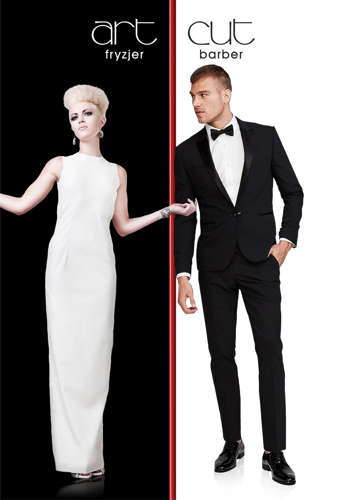 Kolaż prezentujący usługi fryzjerskie dla kobiet i barbera dla mężczyzn na kontrastowym czarno-białym tle z czerwonym paskiem rozdzielającym.
