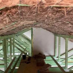 Izolacja poddasza wełną mineralną, widoczna drewniana konstrukcja więźby dachowej pomalowana na zielono, fragment płyty kartonowo-gipsowej.