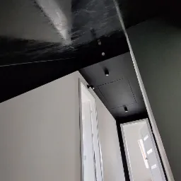 Nowoczesne wnętrze z czarnym, błyszczącym sufitem i białymi ścianami, widoczne drzwi z białymi ościeżnicami i minimalistyczne oświetlenie punktowe.