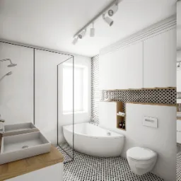 Nowoczesna łazienka z dwoma umywalkami na drewnianym blacie, białą wanną narożną, toaletą podwieszaną i czarno-białą mozaiką na podłodze i ścianie, oświetlenie punktowe na suficie.