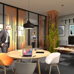 Nowoczesne biuro z elementami dekoracyjnymi w odcieniach miedzi, okrągły stół konferencyjny z tabletem, mężczyzna w garniturze i kobieta z dokumentami w tle.