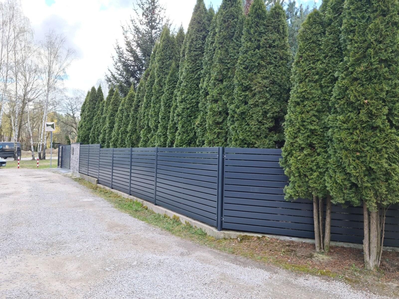 Nowoczesne, grafitowe ogrodzenie panelowe z poziomych listew, oddzielające posesję od drogi, z tłem z rzędu wysokich, zielonych tuj.