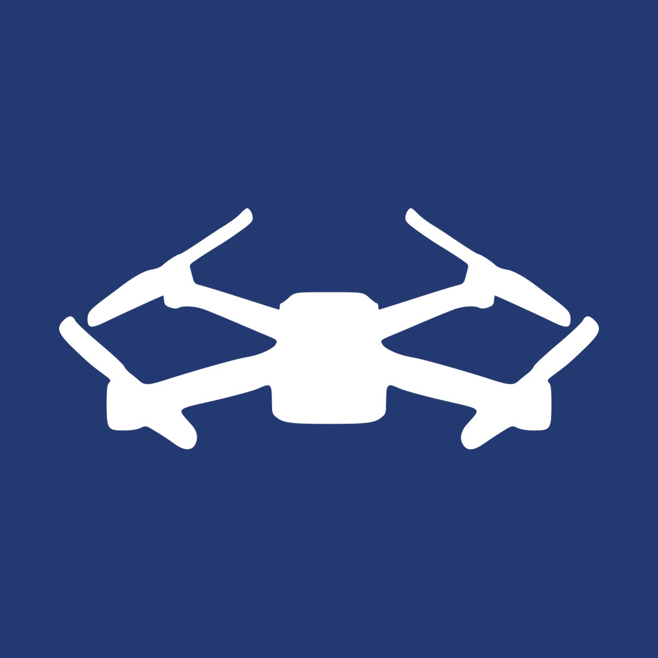 Uproszczony biały symbol drona na jednolitym ciemnoniebieskim tle.