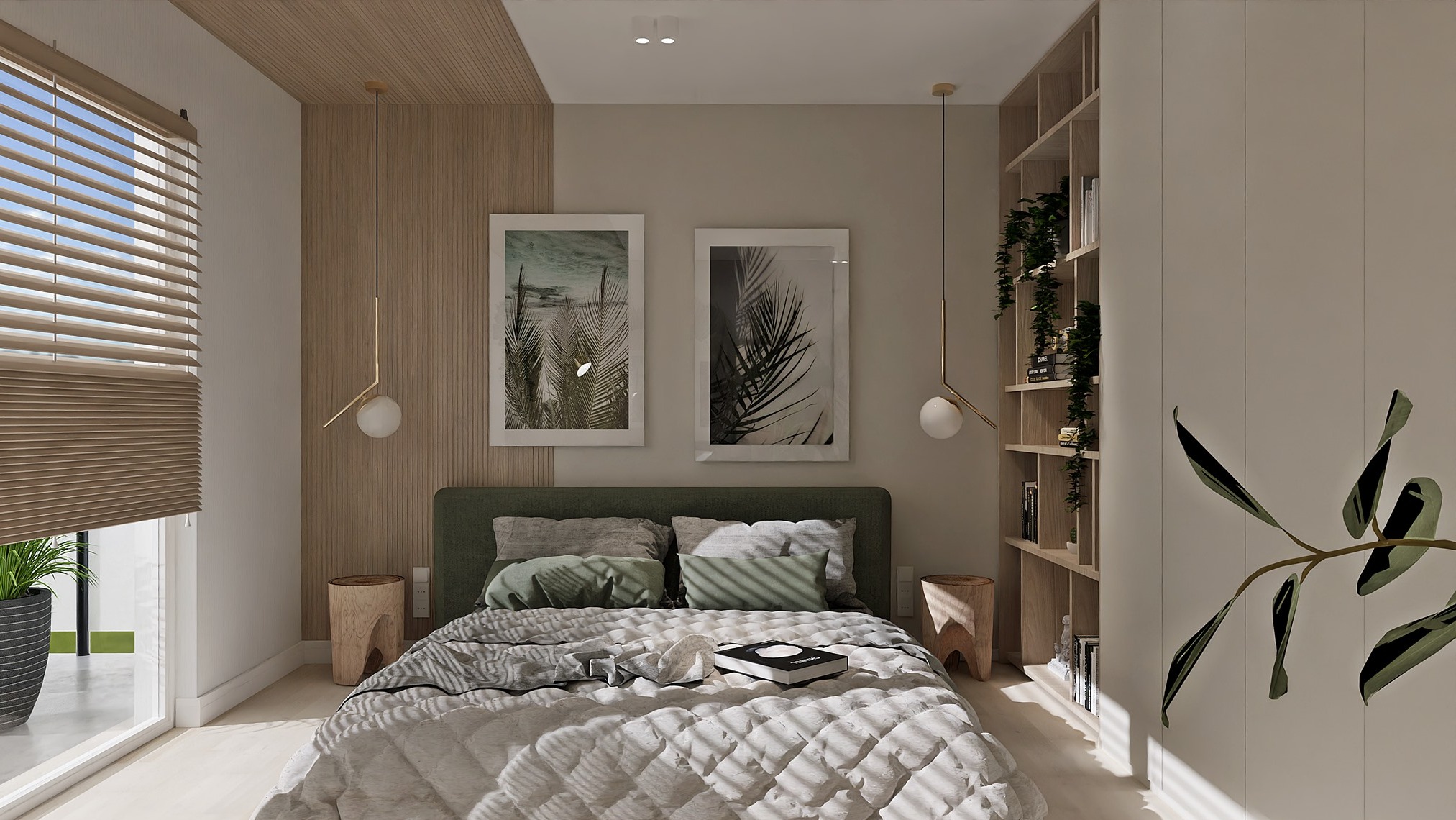Jasna sypialnia z zielonym zagłówkiem łóżka, drewnianą ścianą, wiszącymi lampami z kulistymi kloszami, półkami z książkami i roślinami oraz dwoma obrazami z motywami roślinnymi nad łóżkiem.