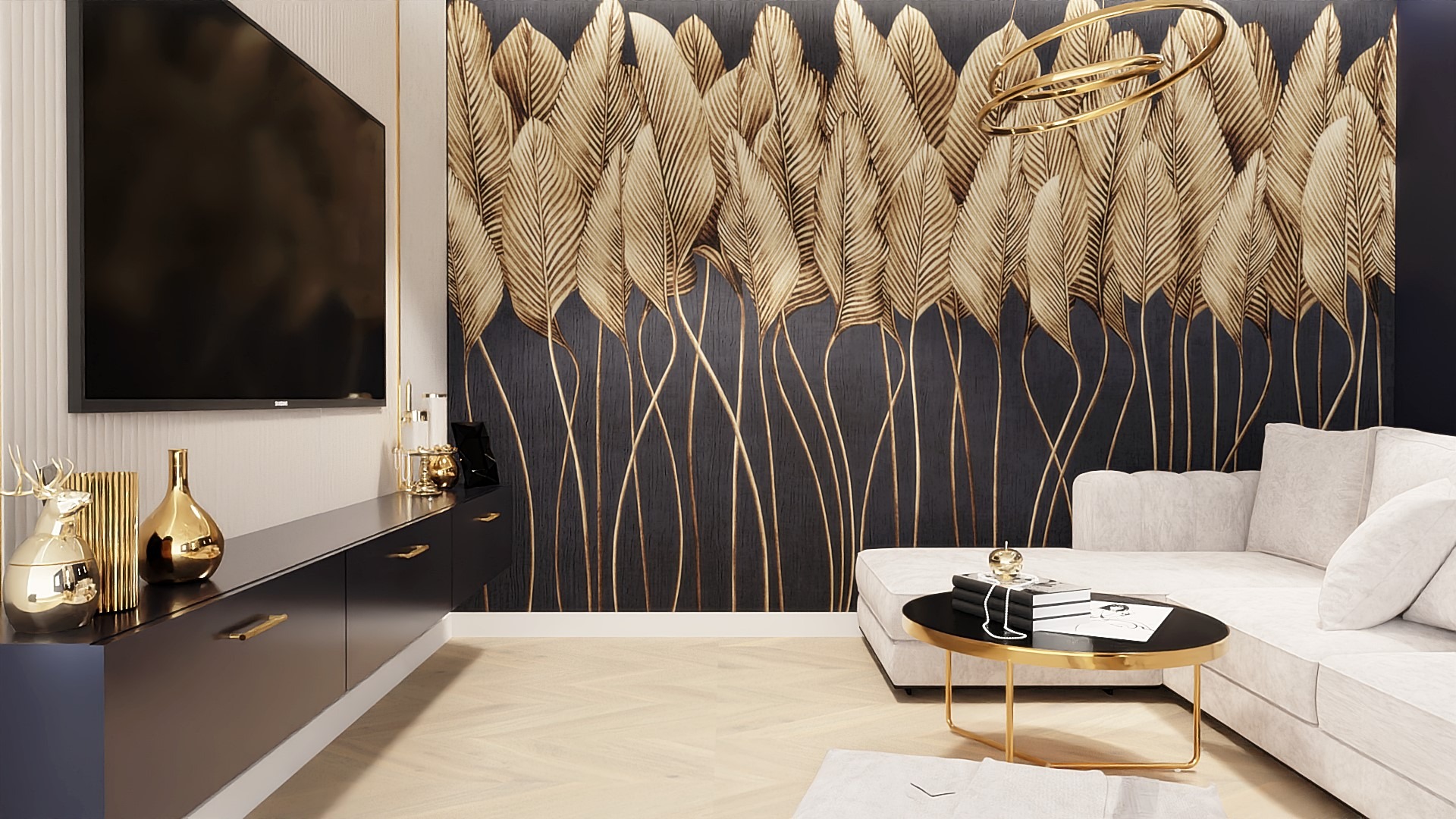 Salon w stylu glamour: czarna szafka RTV z złotymi akcentami, telewizor, ściana z tapetą w złote pióra, kremowa sofa i okrągły stolik kawowy z książkami.