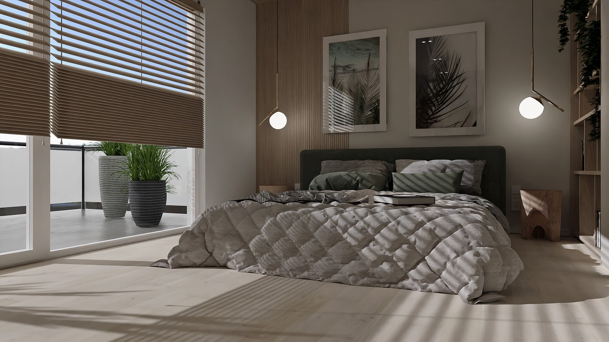 Nowoczesna sypialnia z dużym łóżkiem, roślinami w donicach na balkonie za oknem z żaluzjami i minimalistycznymi lampami wiszącymi po bokach łóżka.