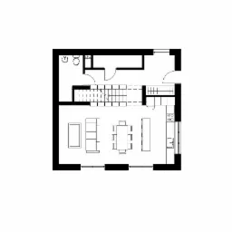 Czarno-biały rzut z góry mieszkania, prezentujący układ pomieszczeń, rozmieszczenie mebli, schodów i sanitariatów.