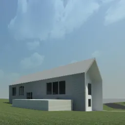 Wizualizacja 3D nowoczesnego domu jednorodzinnego z szarą elewacją i dachem dwuspadowym, otoczonego zielonym trawnikiem i innymi budynkami w tle, prezentowana w słoneczny dzień.