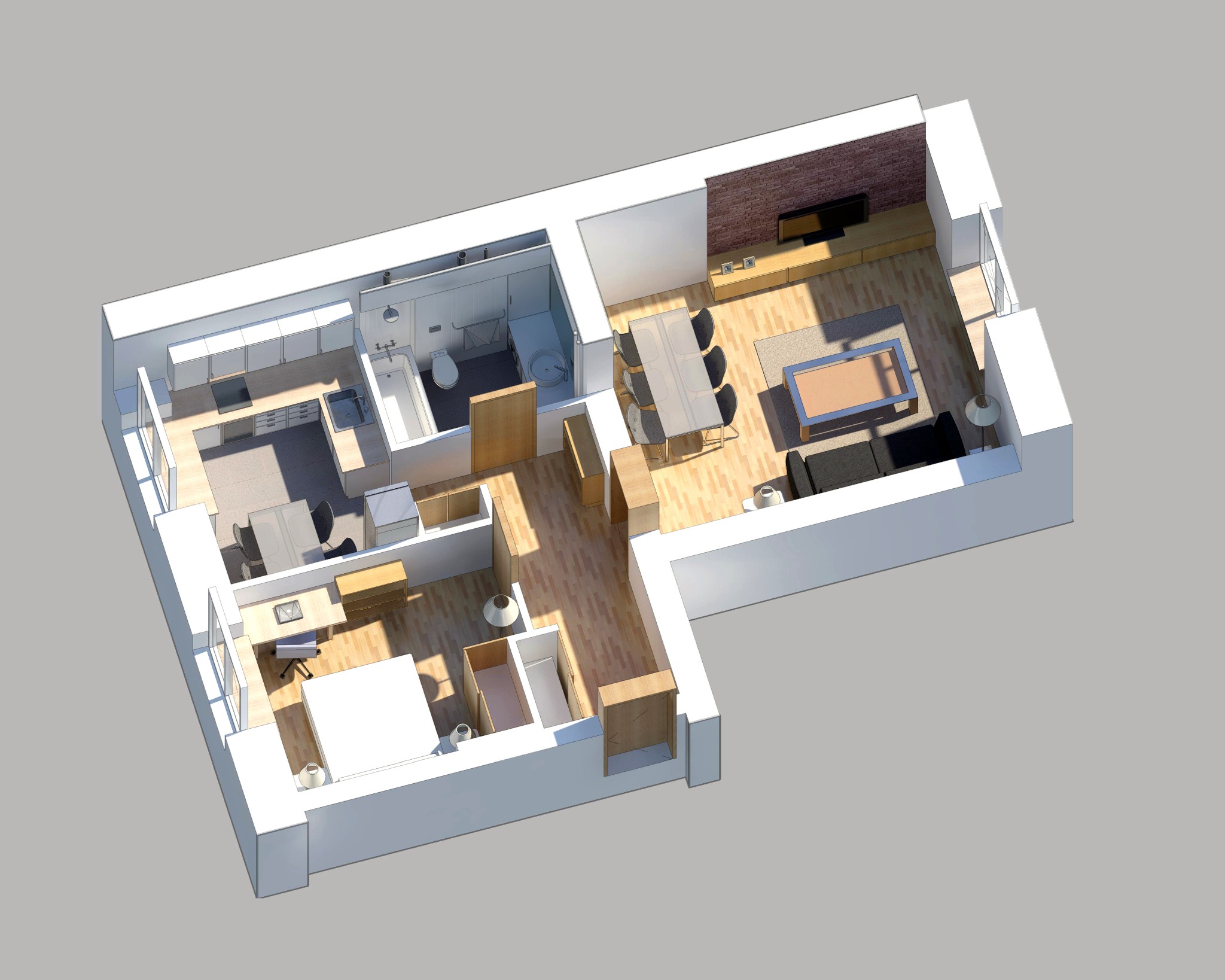 Rzut 3D mieszkania z widokiem na salon z ceglaną ścianą, jadalnię, kuchnię, łazienkę, sypialnię i gabinet, z drewnianymi podłogami i nowoczesnym wyposażeniem.