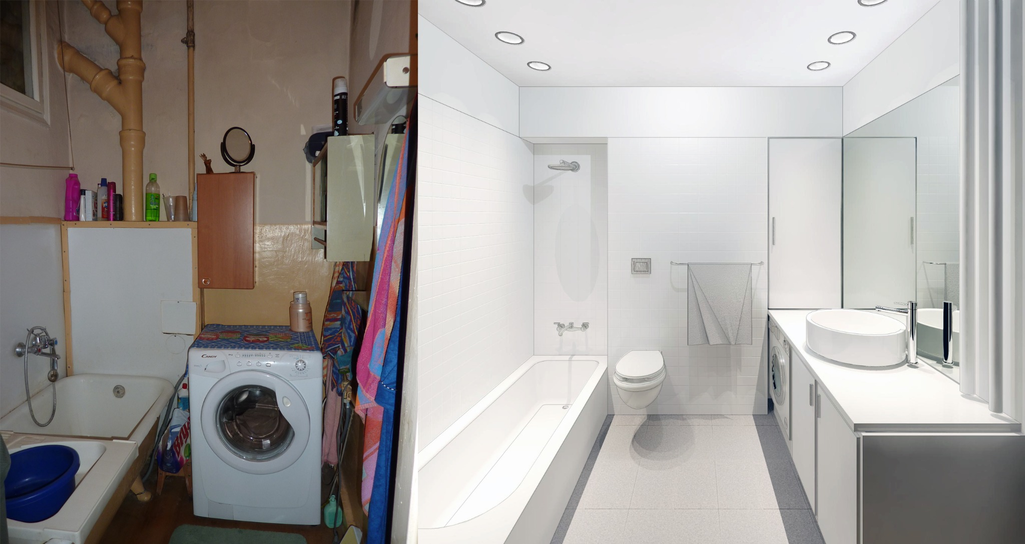 Porównanie wizualizacji 3D odnowionej łazienki w stylu minimalistycznym z jej stanem przed remontem: stara wanna z obudową, pralka z kolorową narzutą i rury kanalizacyjne kontra białe płytki...