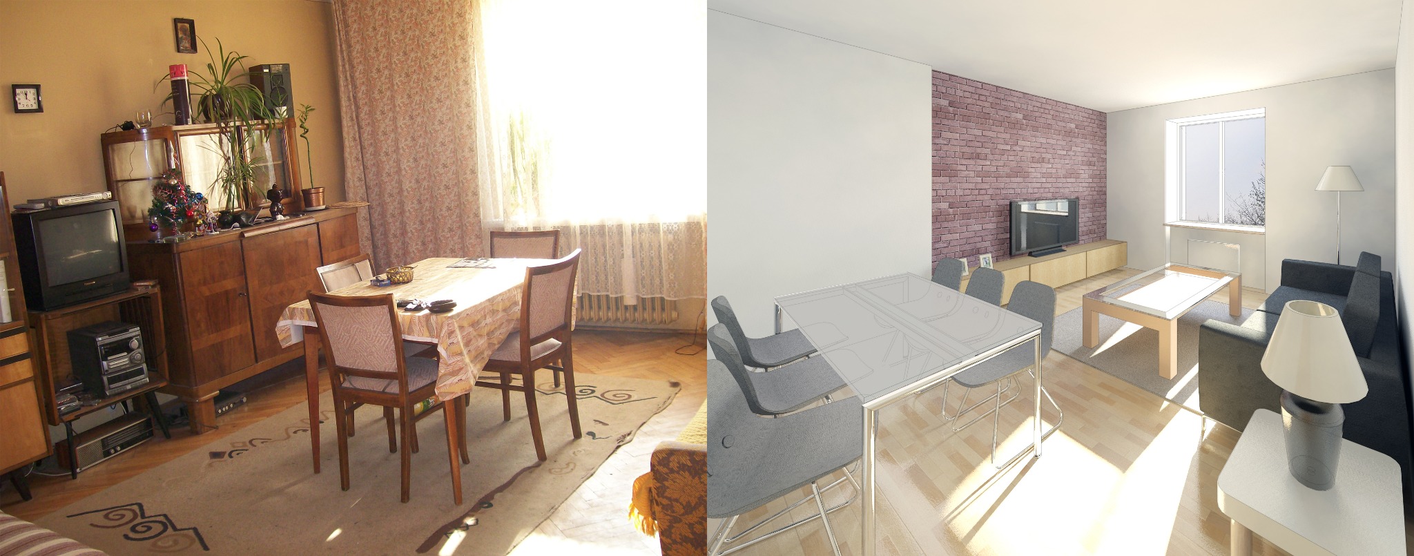 Porównanie wizualizacji 3D nowoczesnego salonu z ceglaną ścianą i realnego, starszego pokoju z meblościanką i wzorzystą tapetą, ukazujące metamorfozę przestrzeni.
