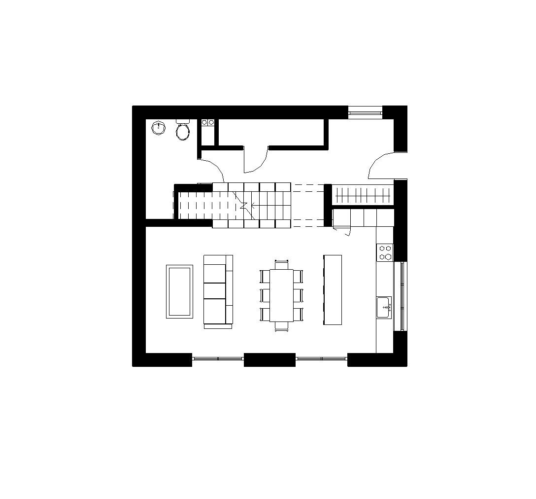 Czarno-biały rzut z góry mieszkania, prezentujący układ pomieszczeń, rozmieszczenie mebli, schodów i sanitariatów.