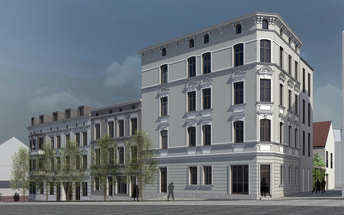 Wizualizacja architektoniczna elewacji kamienicy we Wrocławiu, prezentująca projekt budynku z ozdobnymi detalami okiennymi i gzymsami, z uwzględnieniem zieleni miejskiej i przechodniów.