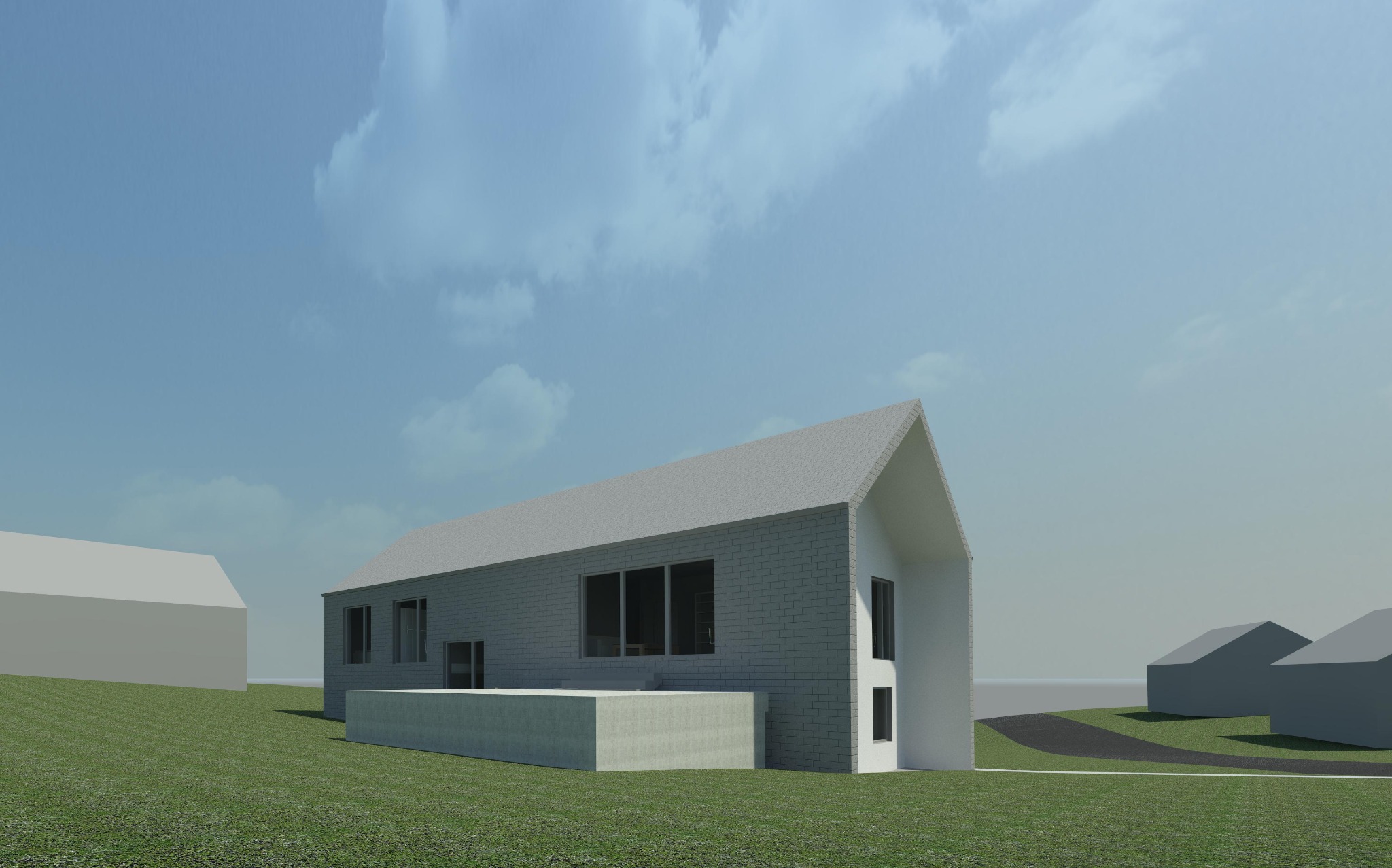 Wizualizacja 3D nowoczesnego domu jednorodzinnego z szarą elewacją i dachem dwuspadowym, otoczonego zielonym trawnikiem i innymi budynkami w tle, prezentowana w słoneczny dzień.