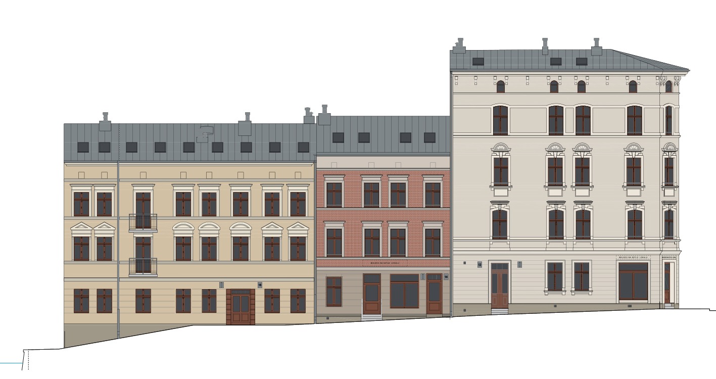 Fasada trzech sąsiadujących kamienic o zróżnicowanej architekturze, z widocznymi detalami architektonicznymi, takimi jak balkony, okna z ozdobnymi obramowaniami i zróżnicowana kolorystyka elewacji.
