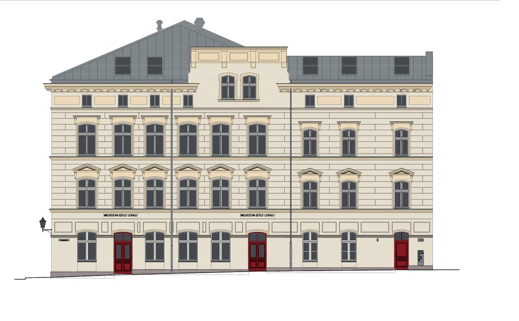 Wizualizacja fasady budynku usługowego z symetrycznie rozmieszczonymi oknami i czerwonymi drzwiami wejściowymi, stylizowana na kamienicę z elementami dekoracyjnymi.