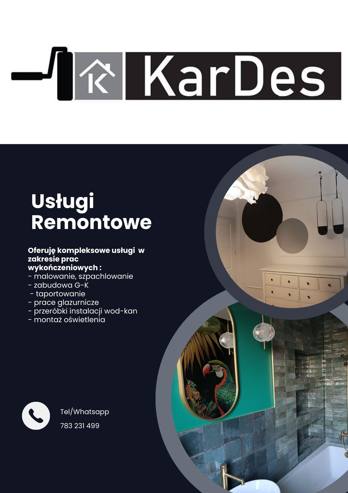 Grafika reklamowa firmy remontowej KarDes, prezentująca zakres usług: malowanie, szpachlowanie, zabudowa G-K, tapetowanie, prace glazurnicze, przeróbki instalacji wod-kan i montaż oświetlenia.