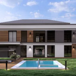 Dwupiętrowy dom z płaskim dachem, z basenem i leżakami na drewnianym tarasie, otoczony zielenią, w nowoczesnym stylu.