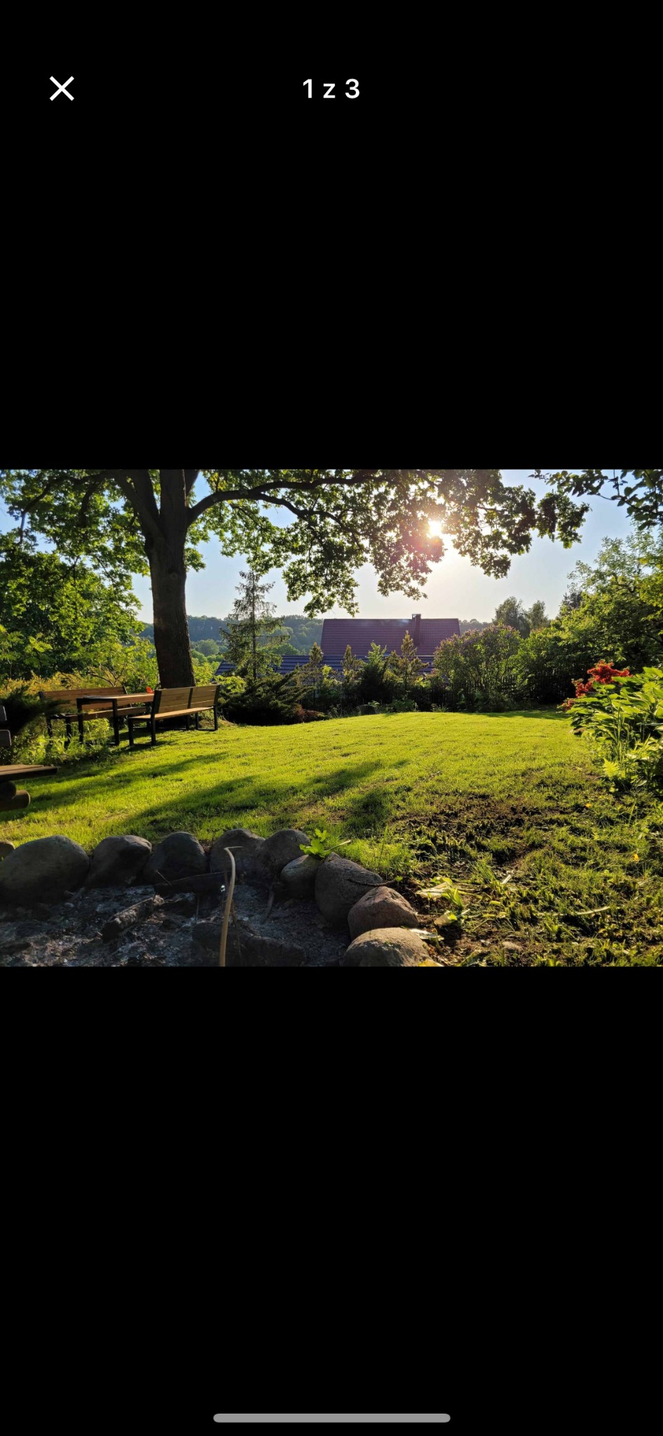 Słoneczny ogród z równo przystrzyżonym trawnikiem, drewnianym stołem z ławkami pod rozłożystym drzewem i miejscem na ognisko otoczonym kamieniami w pierwszym planie.
