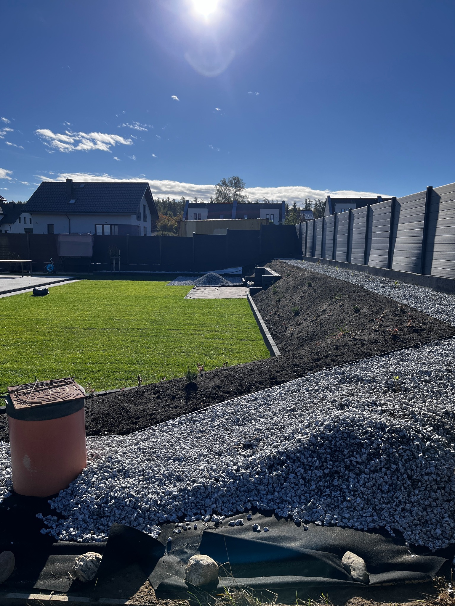 Nowo założony ogród z równym trawnikiem, świeżo nasypaną ziemią i wysypanym białym grysem, widoczny włóknina pod kamieniami, w tle domy i wysoka drewniana palisada