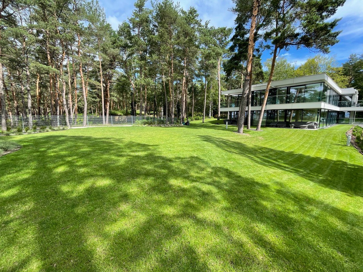 Starannie utrzymany trawnik z widocznymi pasami koszenia, otoczony wysokimi drzewami iglastymi i nowoczesnym budynkiem z dużymi przeszkleniami.