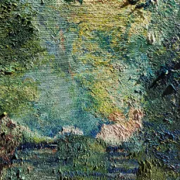 Abstrakcyjna faktura farb olejnych na płótnie, z przewagą zieleni, błękitu i żółci, tworząca wrażenie pejzażu z wodą i roślinnością w stylu impresjonistycznym.