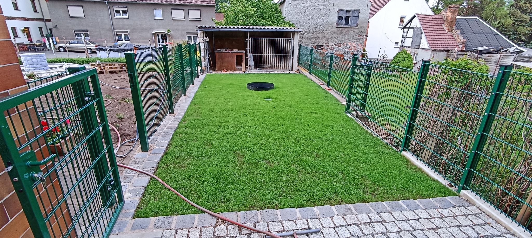 Ogród z nowo założonym trawnikiem otoczony zielonym ogrodzeniem z siatki, z widoczną bramką wejściową i obrzeżem z kostki brukowej.