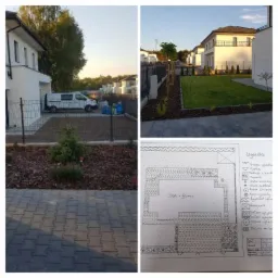 Kompozycja trzech zdjęć: widok na ogród z mulczowaną rabatą i młodym iglakiem, fragment trawnika z młodymi drzewkami oraz odręczny plan zagospodarowania terenu z legendą.