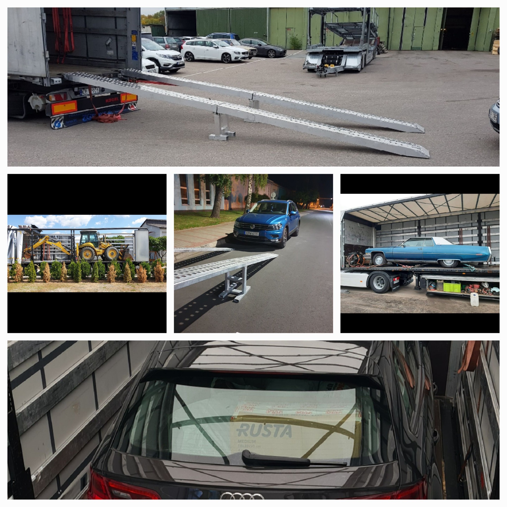 Kompozycja zdjęć przedstawiająca różne etapy załadunku i przewozu pojazdów, w tym auta osobowe, klasyczny kabriolet oraz koparka, z wykorzystaniem ramp i specjalistycznych lawet.