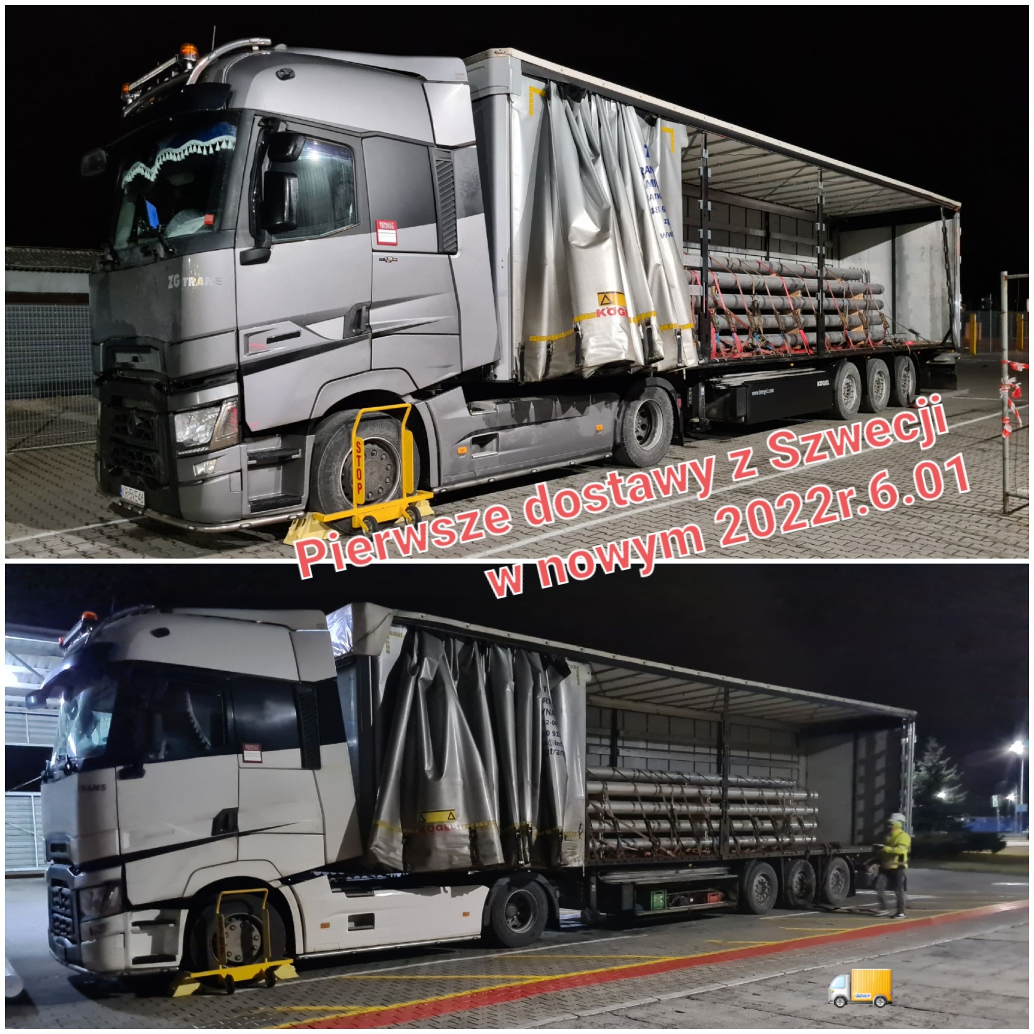 Dwa ujęcia ciężarówki z otwartą naczepą załadowaną rurami, zaparkowanej na parkingu w nocy, z blokadą na koło. Na górnym zdjęciu ciężarówka jest szara, a na dolnym biała. Widoczne napisy 'Pierwsze...