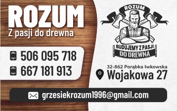 Wizytówka firmy 'ROZUM' z hasłem 'Z pasji do drewna', prezentująca logo z wizerunkiem drwala i skrzyżowanymi siekierami, numery telefonów, adres i adres e-mail.