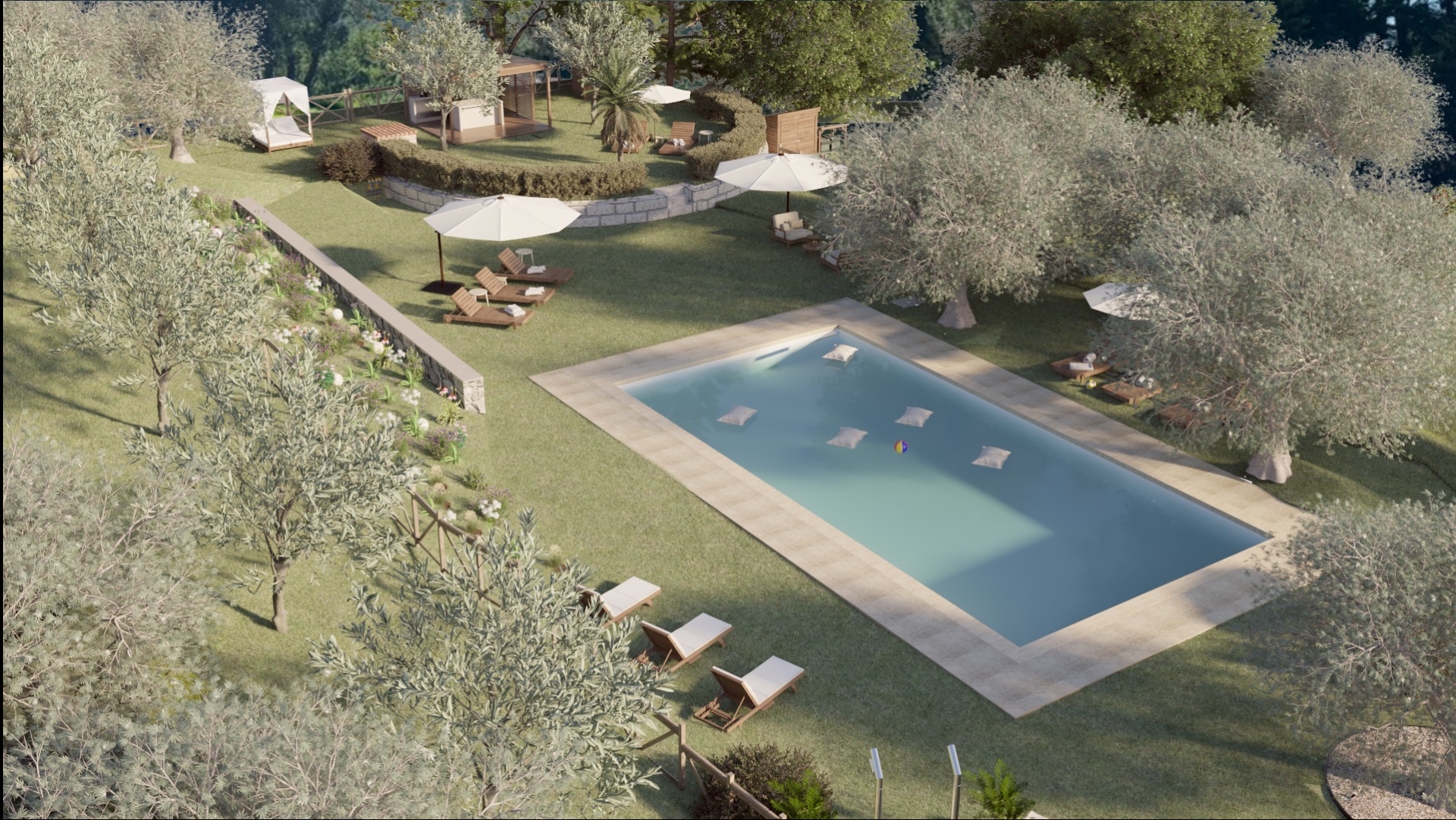 Projekt ogrodu z basenem: leżaki, parasole, trawa, drzewa. Widok z góry. Poduszki i piłka unoszą się na wodzie. Idealne miejsce na relaks.