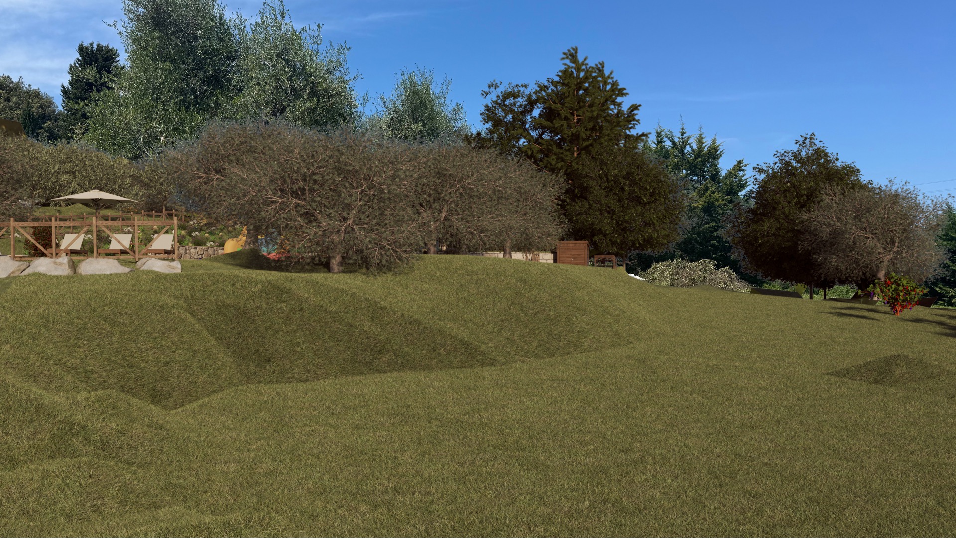 Wizualizacja ogrodu na wzgórzu z trawiastymi tarasami, drzewami i leżakami pod parasolem. Projekt ogrodu z elementami drewnianymi i kamiennymi.