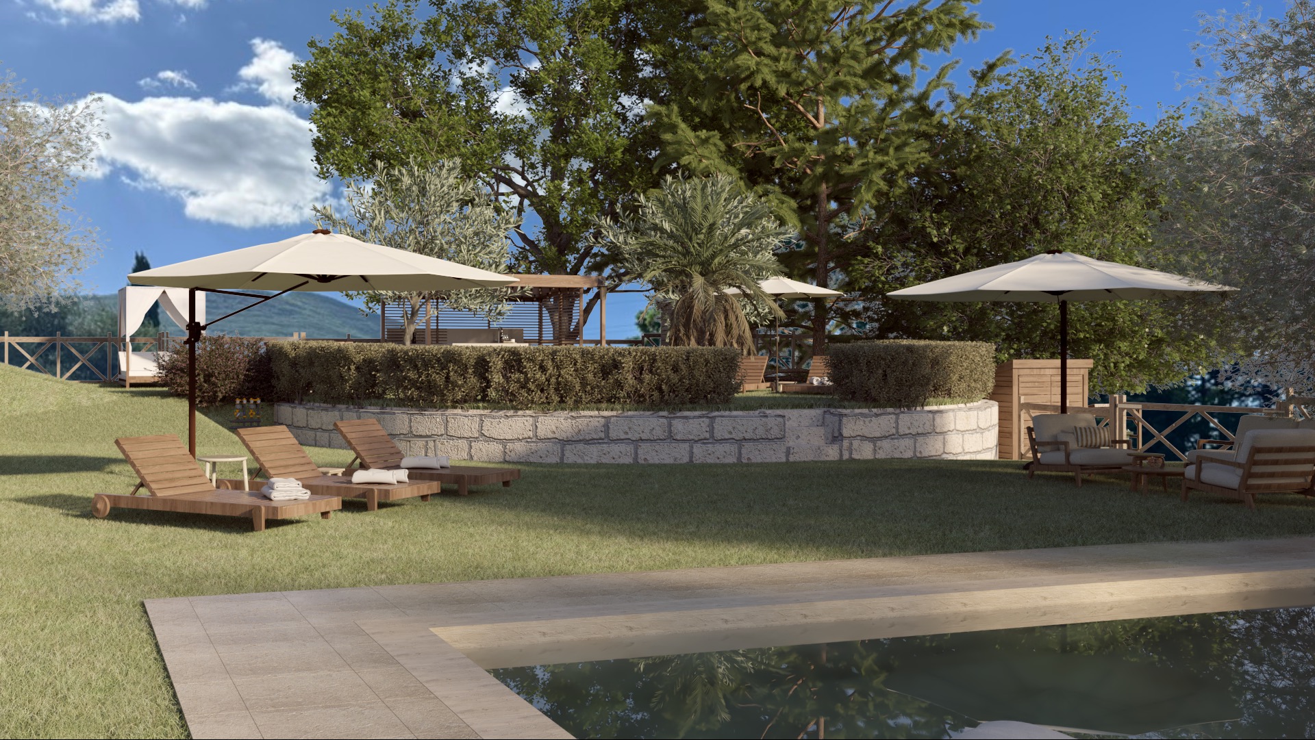 Relaksacyjny ogród z basenem: leżaki, parasole i bujna zieleń. Kamienny murek oddziela strefy, a w tle widoczny jest altanka i górski krajobraz.