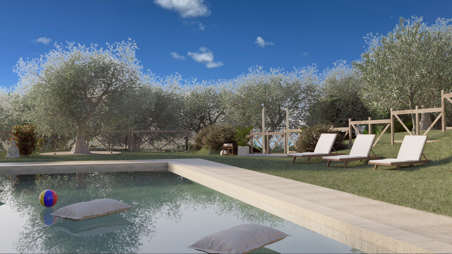 Ogród z basenem i leżakami w słoneczny dzień. Woda odbija błękit nieba, a na trawie widać drewniany płot i drzewa.