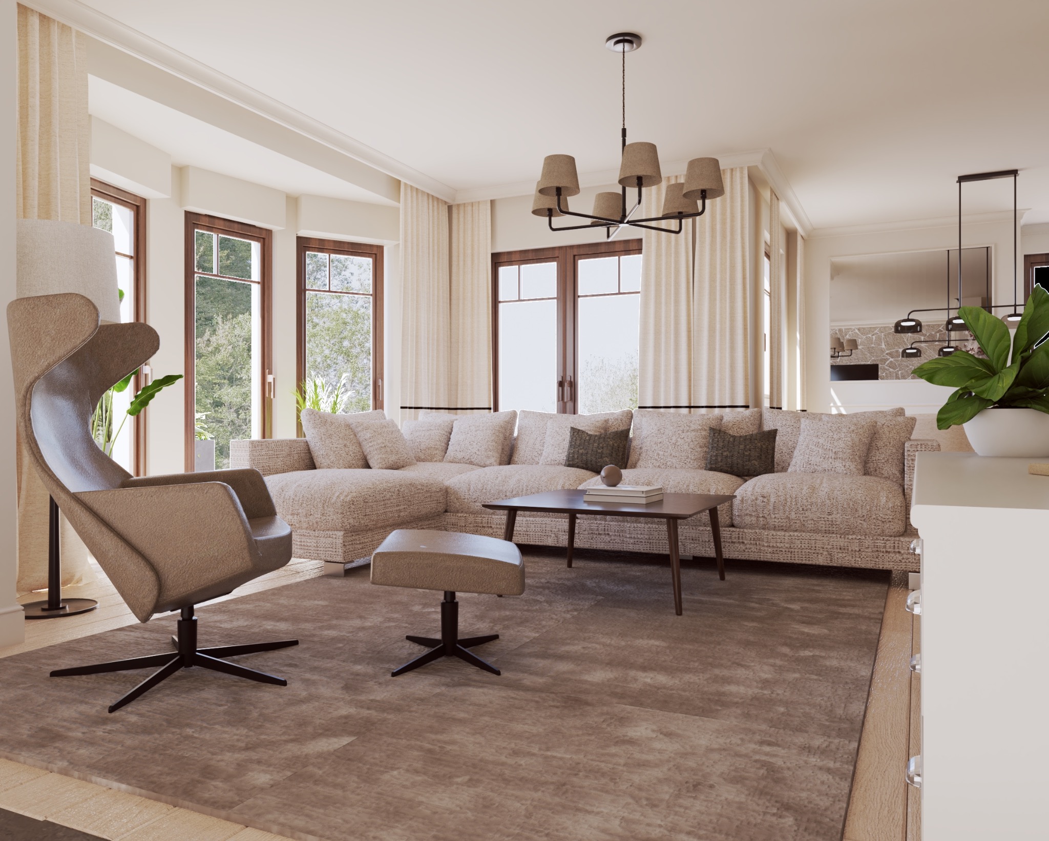 Jasny salon z dużym narożnikiem, fotelem i pufą w odcieniach beżu. Okna z widokiem na zieleń, dywan w kolorze ziemi, nowoczesna lampa wisząca.