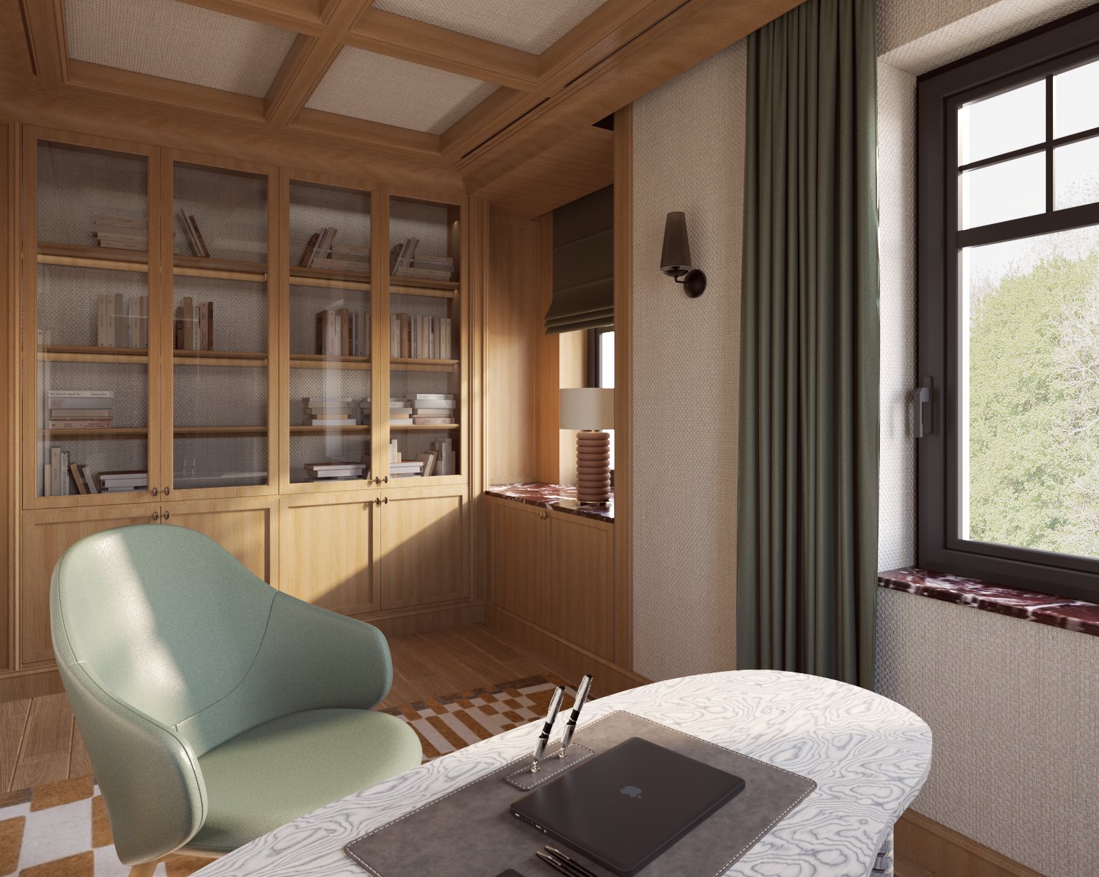 Elegancki gabinet w Gdańsku z drewnianą biblioteczką, designerskim krzesłem i biurkiem z laptopem. Okno z widokiem na zieleń. Stonowana kolorystyka, klasyczny styl.